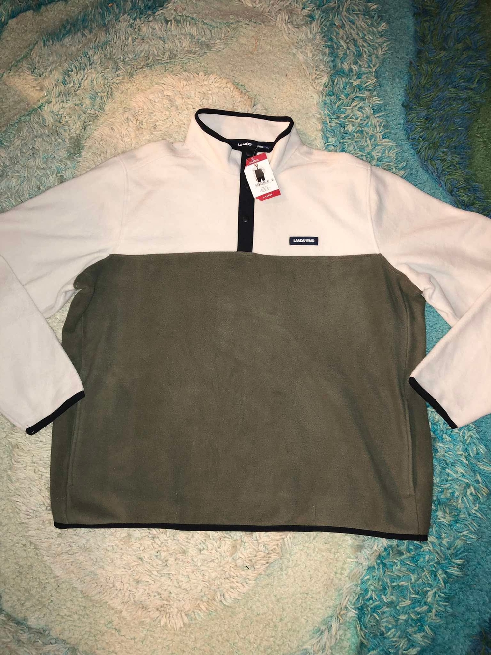 Lands' End Colorblock Fleece Snap Pullover Mock Neck White Green Men's XL